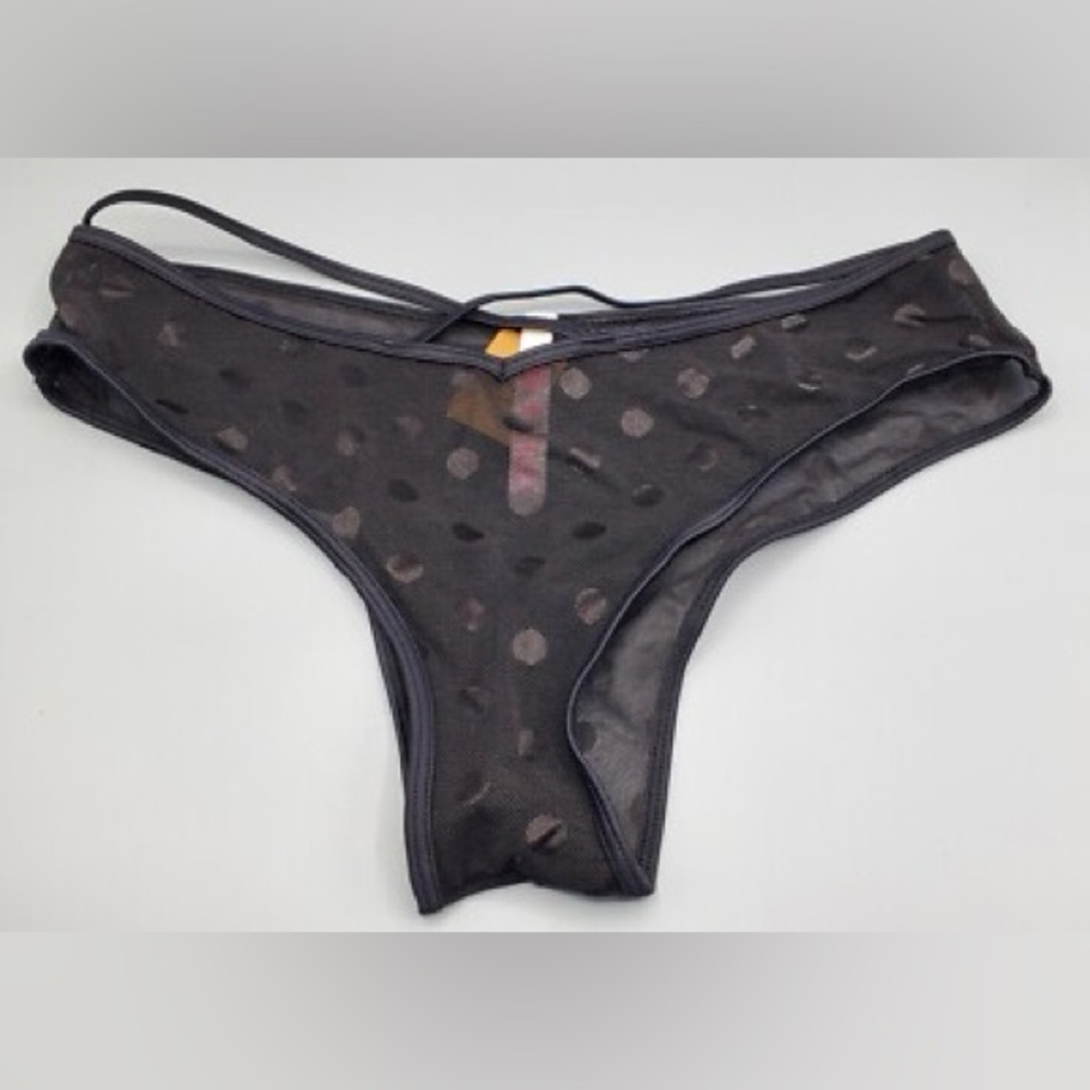 Pink Victoria's Secret LARGE Cheekster Polka Dot Mesh Stretch Black Panty BNWT